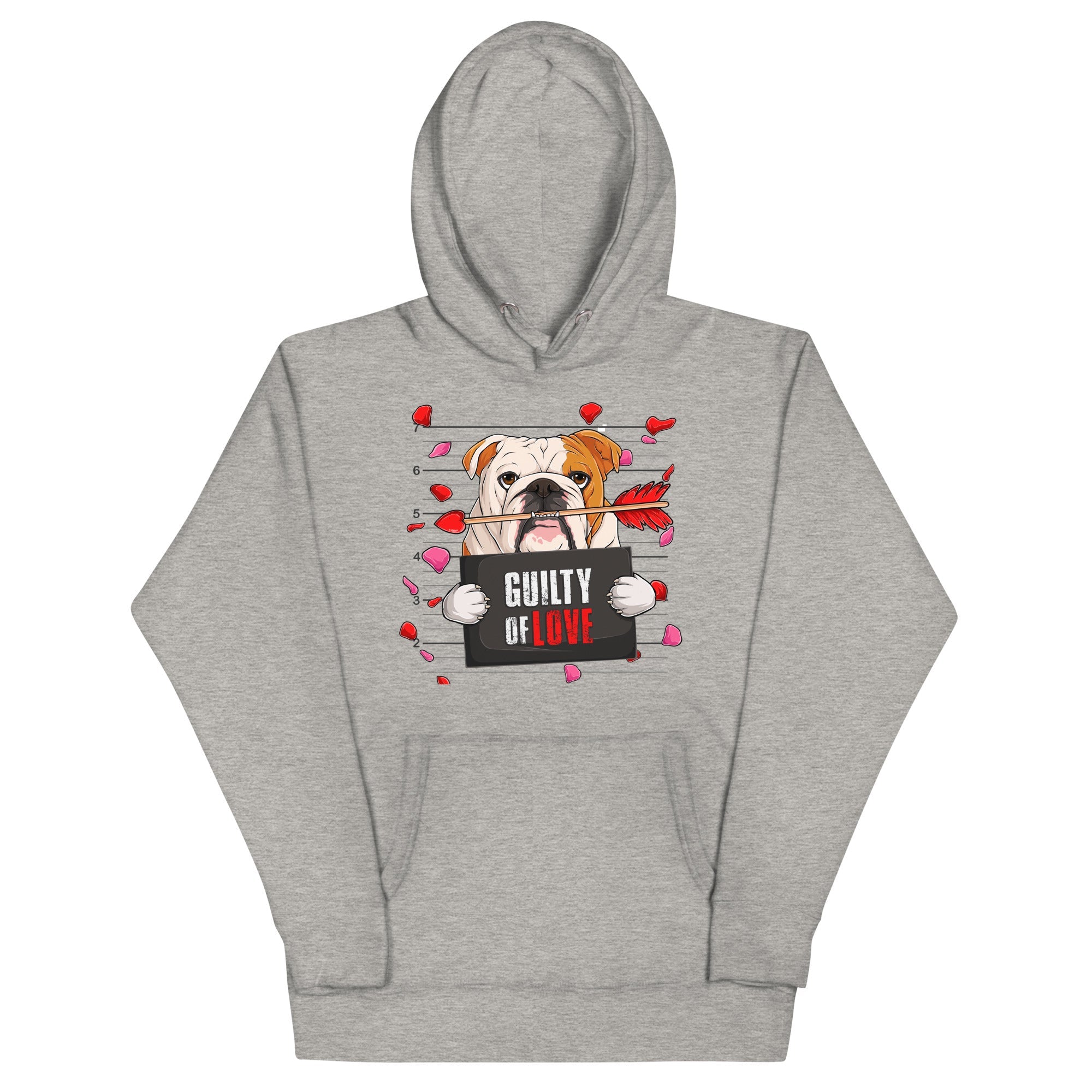 "Guilty of Love" English Bulldog Unisex Hoodie | Red &amp; White Colored Male