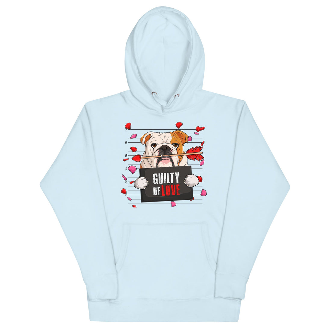 "Guilty of Love" English Bulldog Unisex Hoodie | Red &amp; White Colored Male