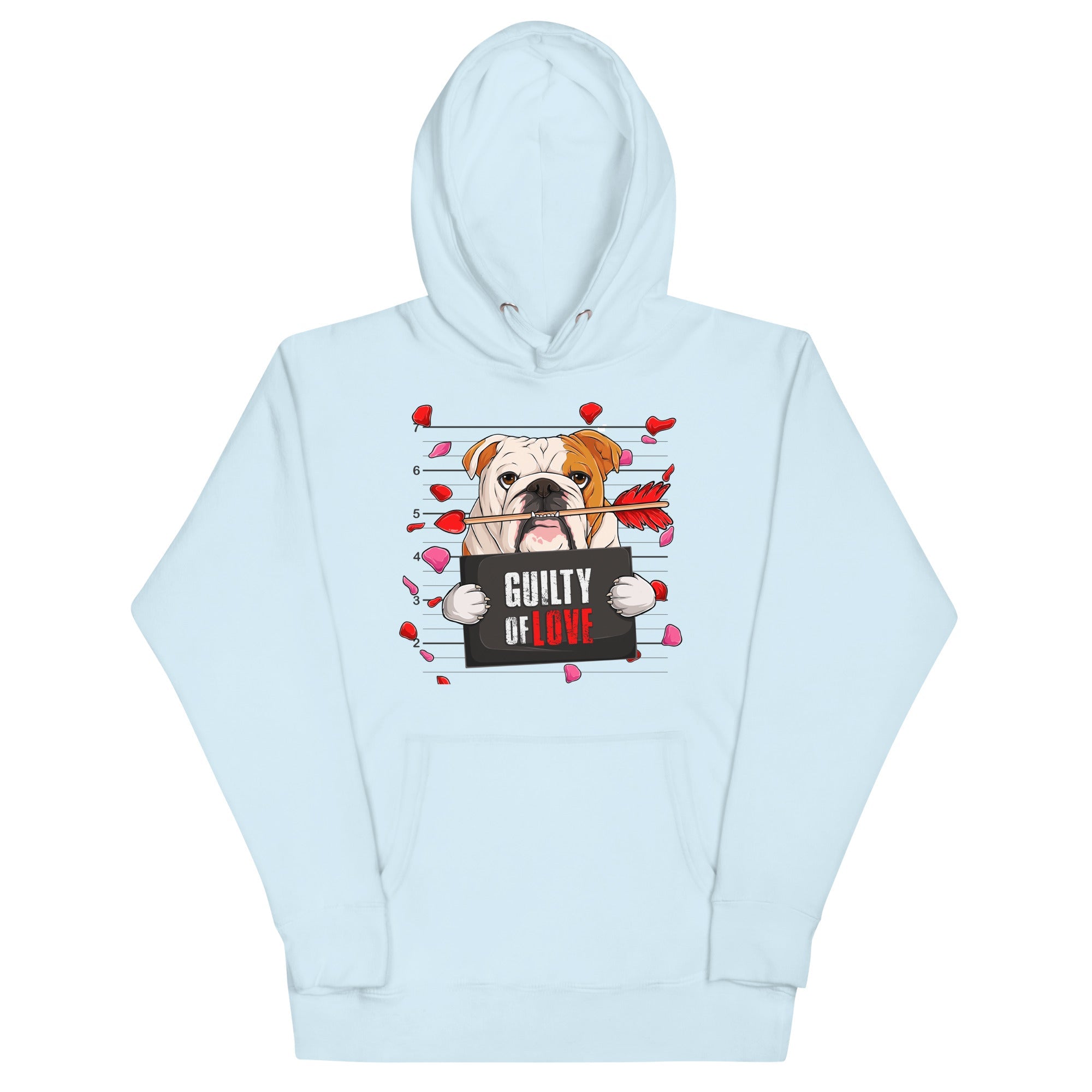 "Guilty of Love" English Bulldog Unisex Hoodie | Red &amp; White Colored Male