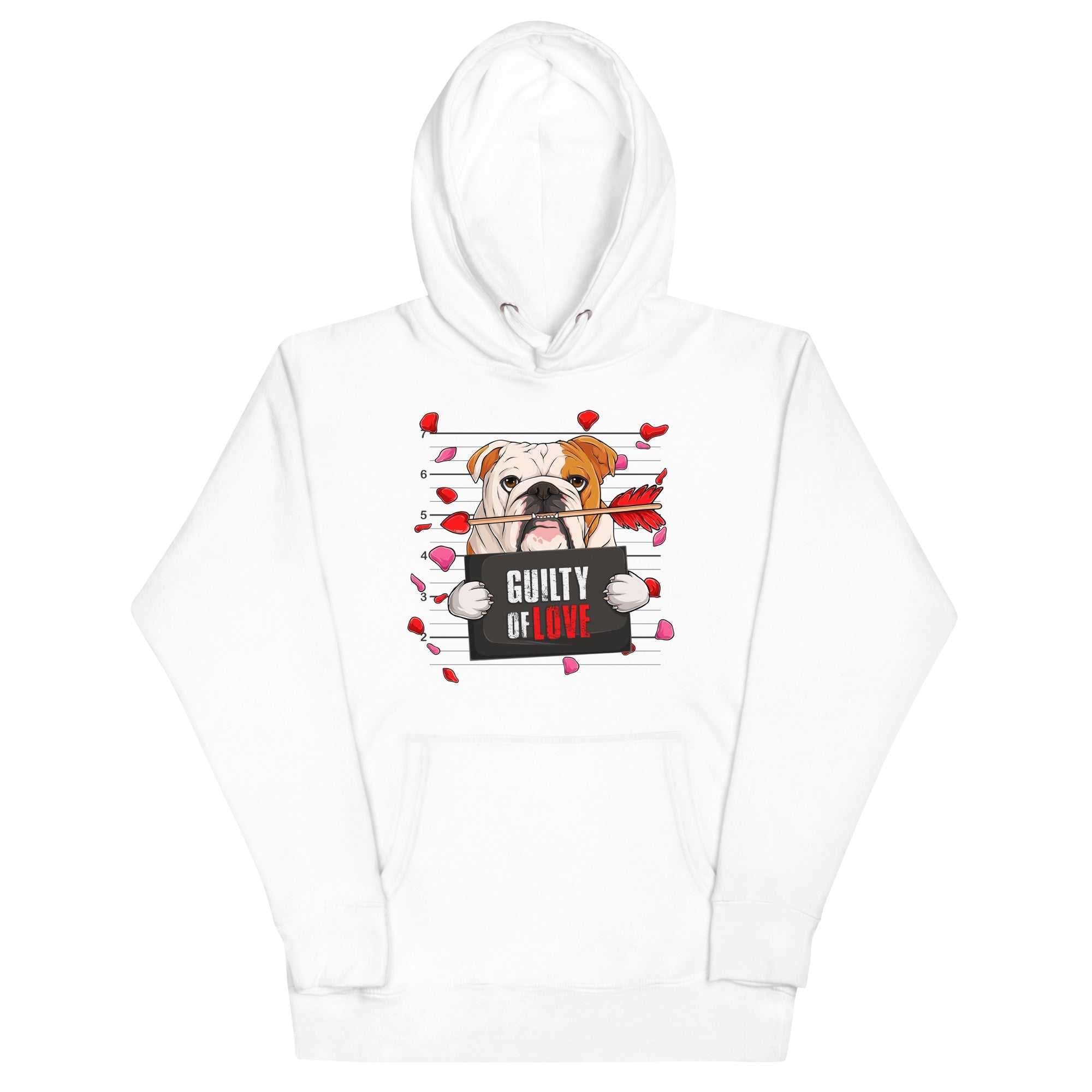 "Guilty of Love" English Bulldog Unisex Hoodie | Red &amp; White Colored Male