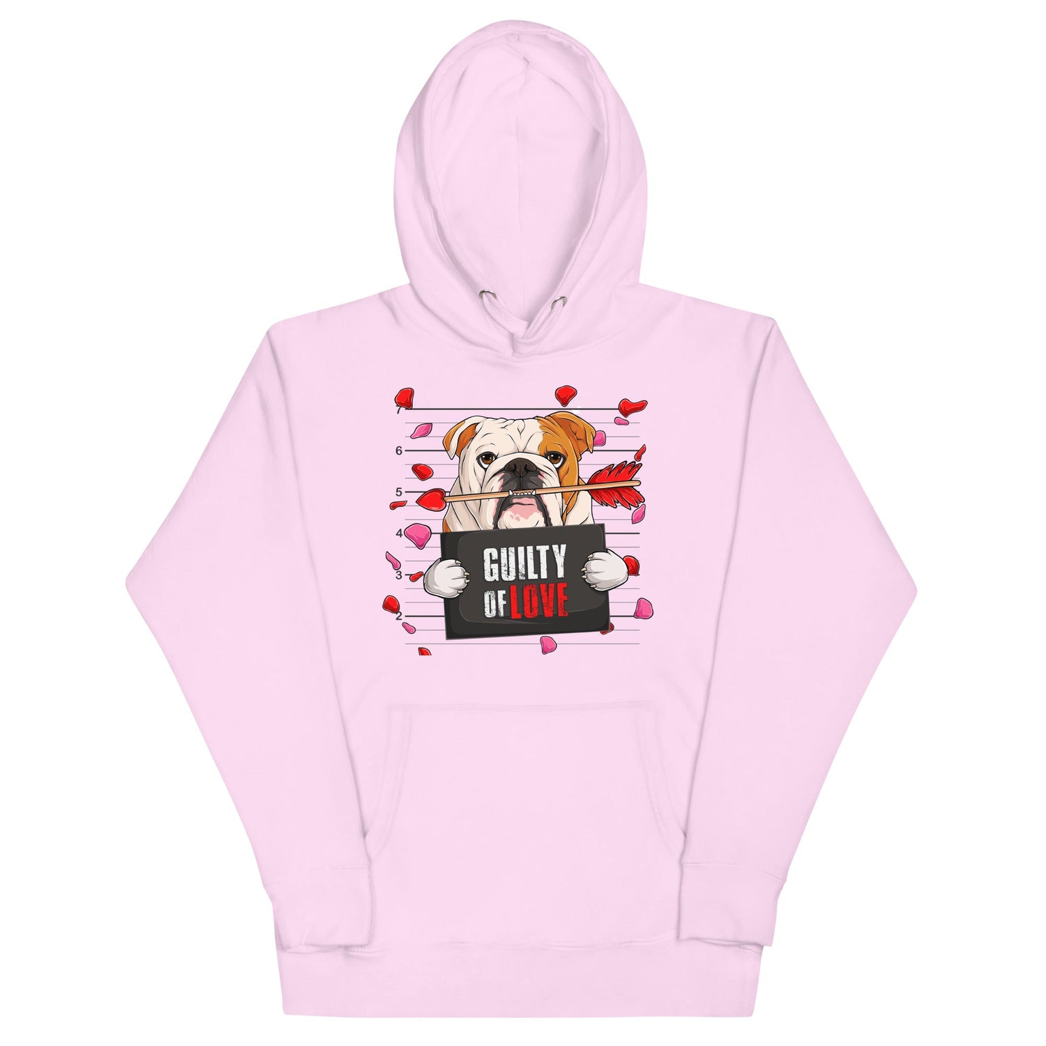"Guilty of Love" English Bulldog Unisex Hoodie | Red &amp; White Colored Male