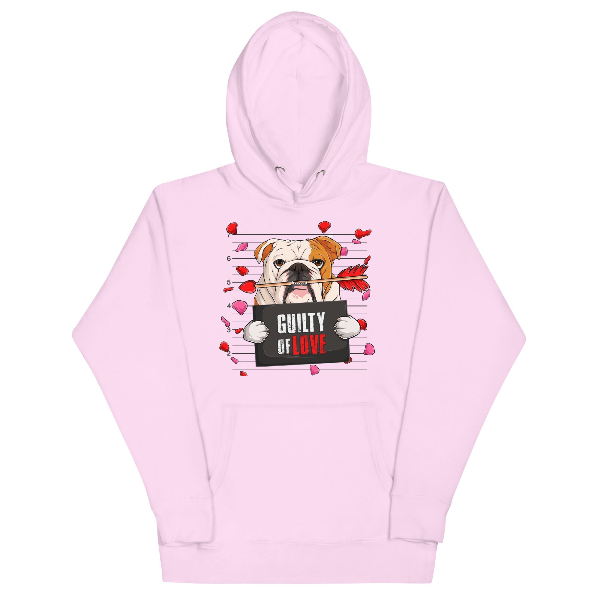 "Guilty of Love" English Bulldog Unisex Hoodie | Red &amp; White Colored Male