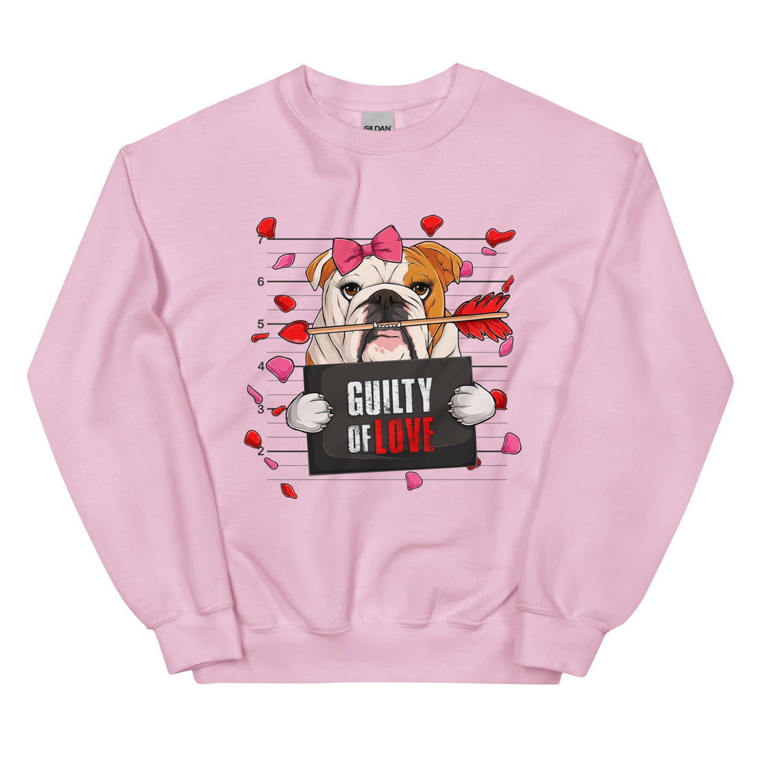 "Guilty of Love" Female Bulldog Valentine Sweatshirt | Red &amp; White Colored