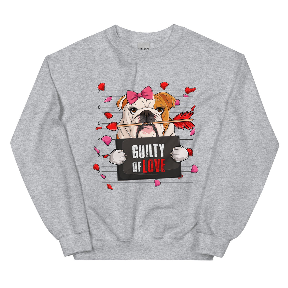 "Guilty of Love" Female Bulldog Valentine Sweatshirt | Red &amp; White Colored