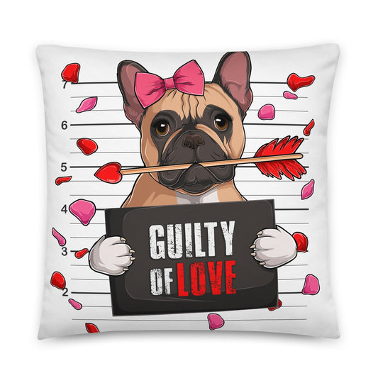 "Guilty of Love" French Bulldog Throw Pillow | Fawn & White Colored Female