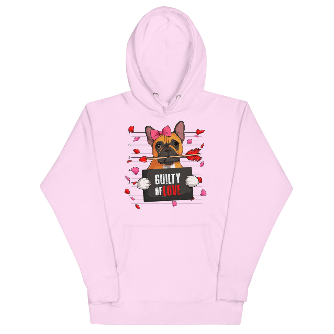 "Guilty of Love" French Bulldog Unisex Hoodie | Red &amp; White Colored Female