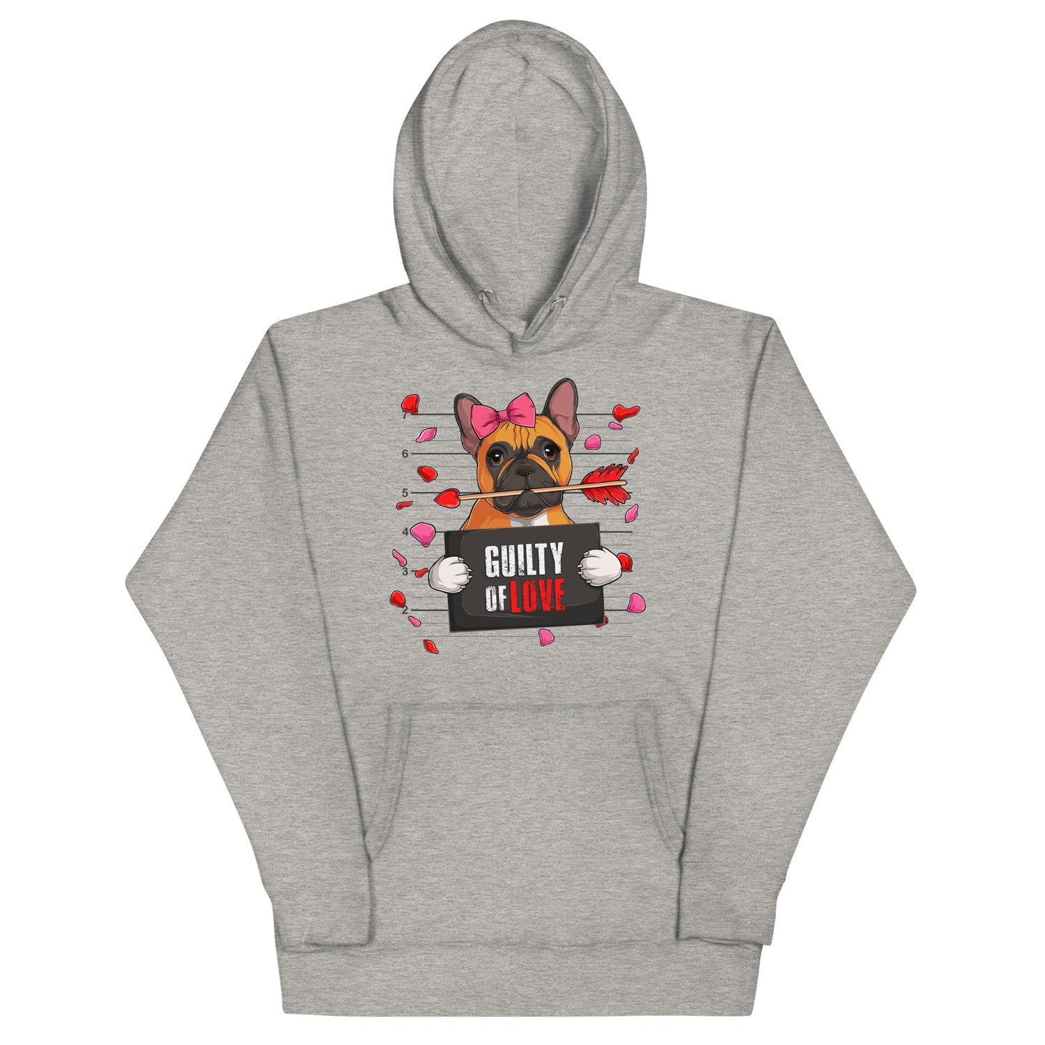 "Guilty of Love" French Bulldog Unisex Hoodie | Red &amp; White Colored Female