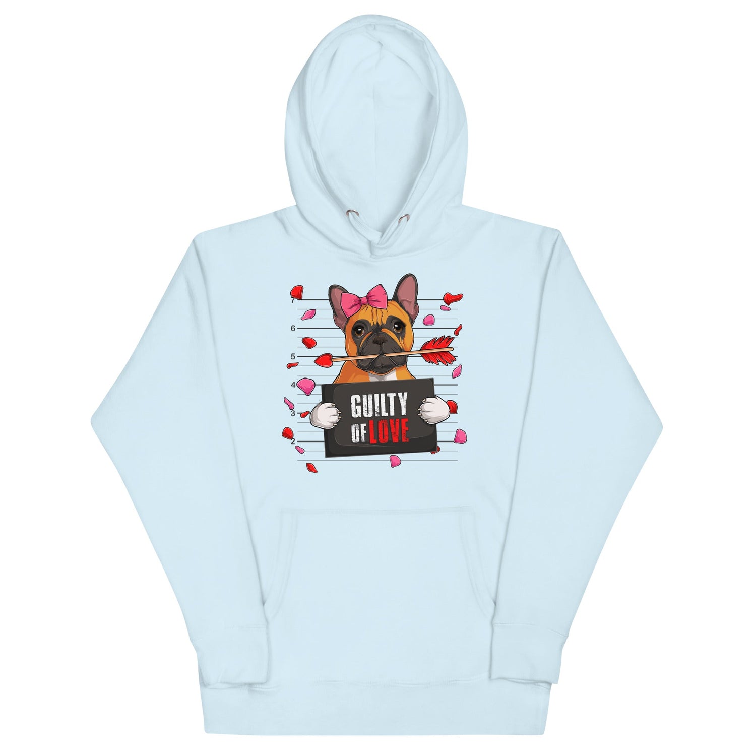 "Guilty of Love" French Bulldog Unisex Hoodie | Red &amp; White Colored Female