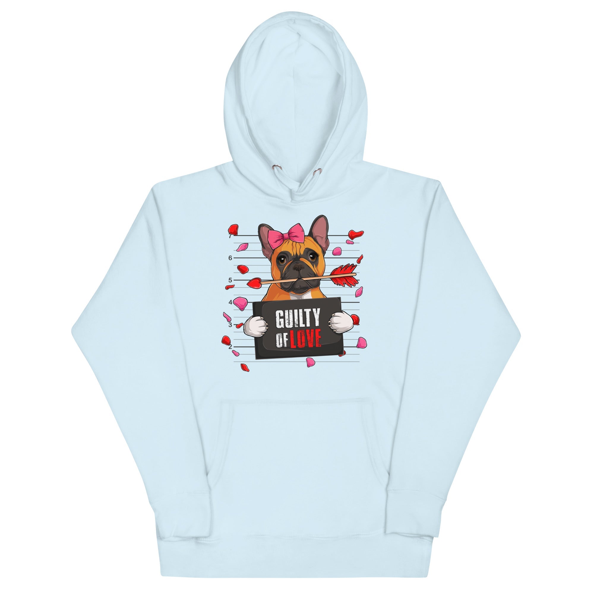 "Guilty of Love" French Bulldog Unisex Hoodie | Red &amp; White Colored Female