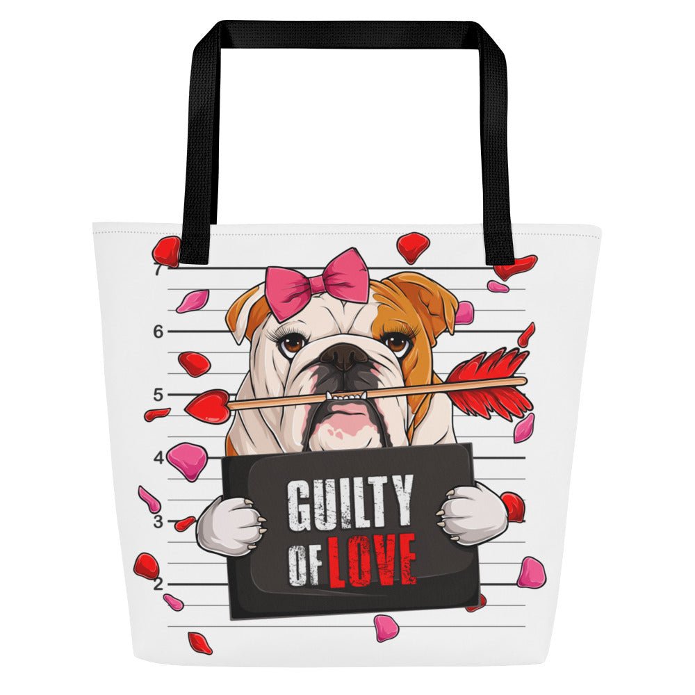 "Guilty of Love" Large Female Bulldog Tote Bag | Red &amp; White Colored