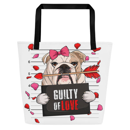 "Guilty of Love" Large Female Bulldog Tote Bag with Pocket | Fawn &amp; White Colored