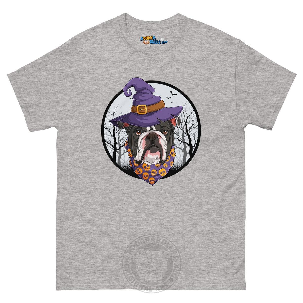 Halloween Witch tee, Male English Bulldog Black &amp; White, Sport Grey
