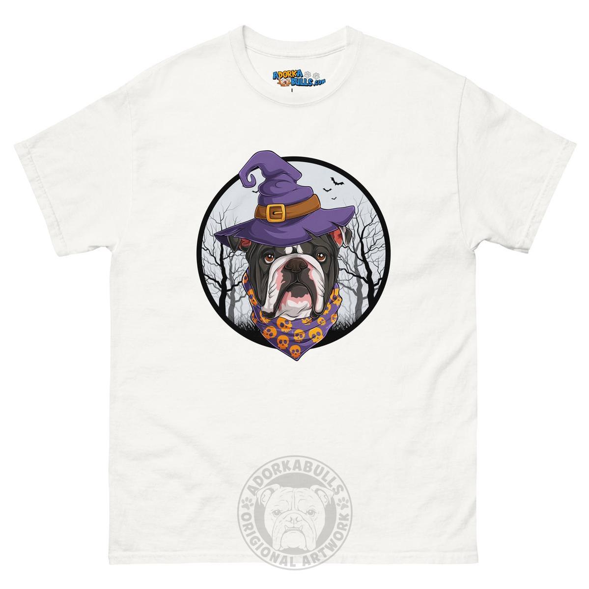 Halloween Witch tee, Male English Bulldog Black &amp; White, White