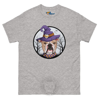 Halloween Witch tee, Female English Bulldog Fawn &amp; White, Sport Grey