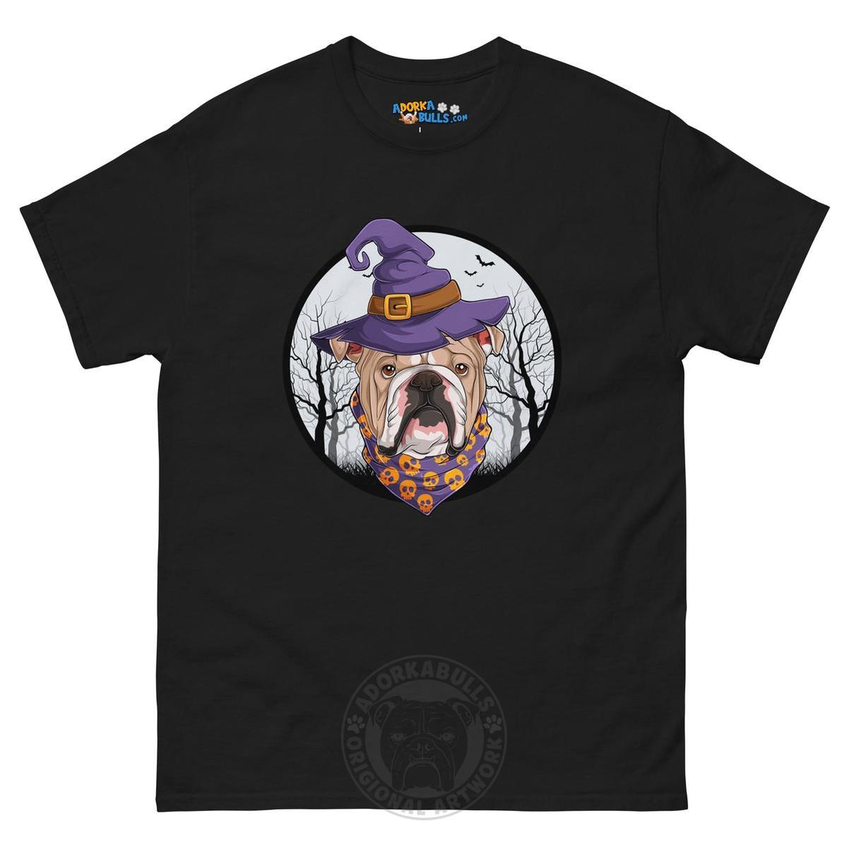 Halloween Witch tee, Male English Bulldog Fawn &amp; White, Black