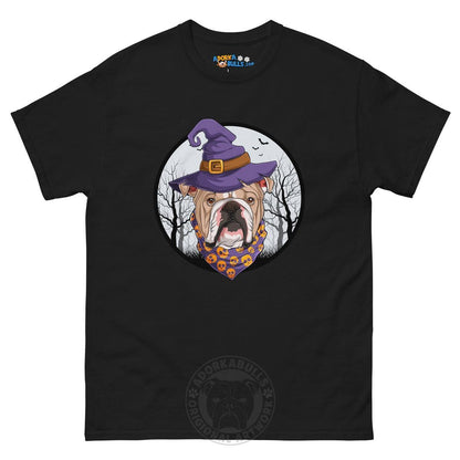 Halloween Witch tee, Male English Bulldog Fawn &amp; White, Black