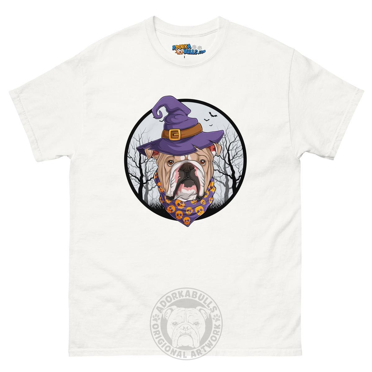 Halloween Witch tee, Male English Bulldog Fawn &amp; White, White