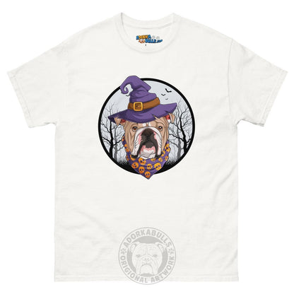 Halloween Witch tee, Male English Bulldog Fawn &amp; White, White