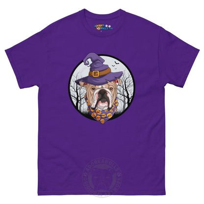Halloween Witch tee, Male English Bulldog Fawn &amp; White, Purple