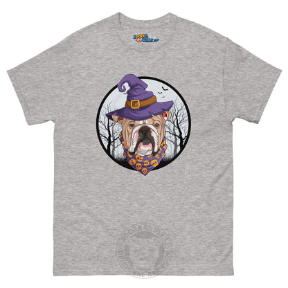 Halloween Witch tee, Male English Bulldog Fawn &amp; White, Sport Grey