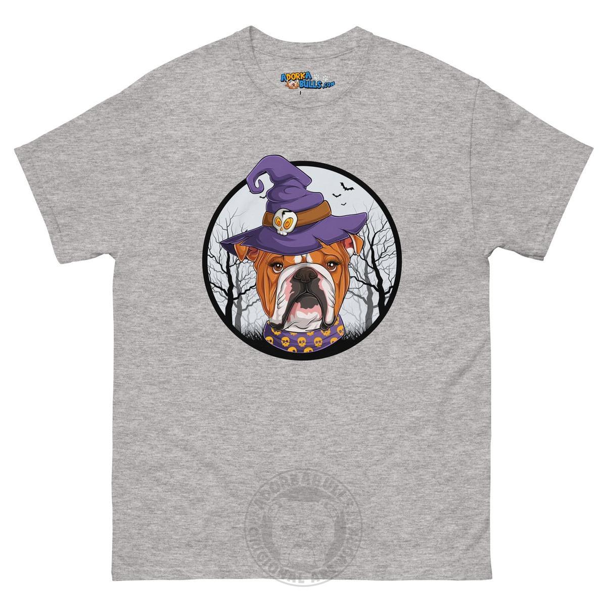 Halloween Witch tee, Female English Bulldog Red &amp; White, Sport Grey