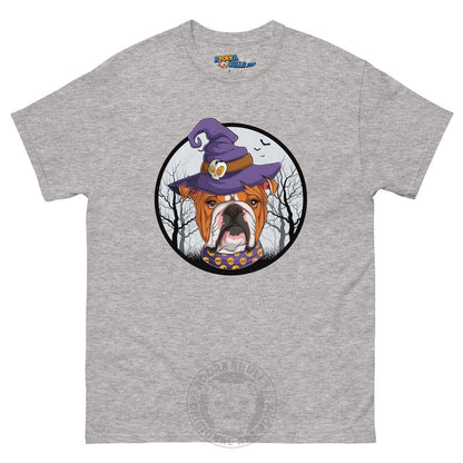 Halloween Witch tee, Female English Bulldog Red &amp; White, Sport Grey