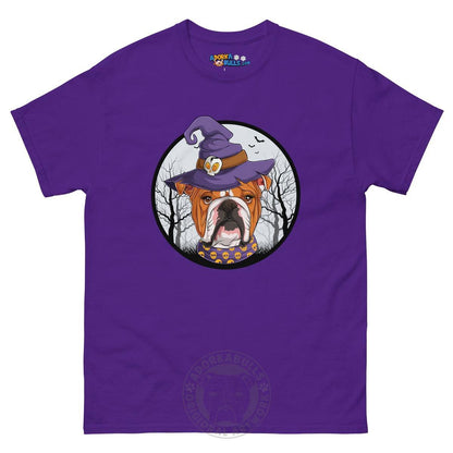 Halloween Witch tee, Female English Bulldog Red &amp; White, Purple