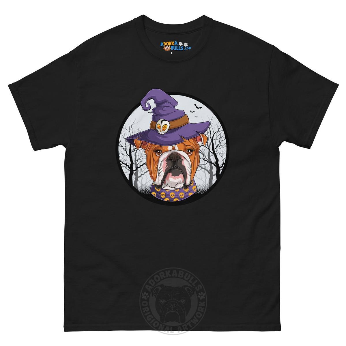 Halloween Witch tee, Female English Bulldog Red &amp; White, Black