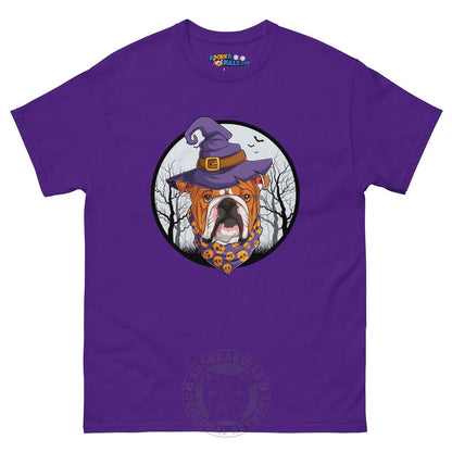 Halloween Witch tee, Male English Bulldog Red &amp; White, Purple