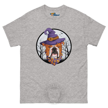 Halloween Witch tee, Male English Bulldog Red &amp; White, Sport Grey