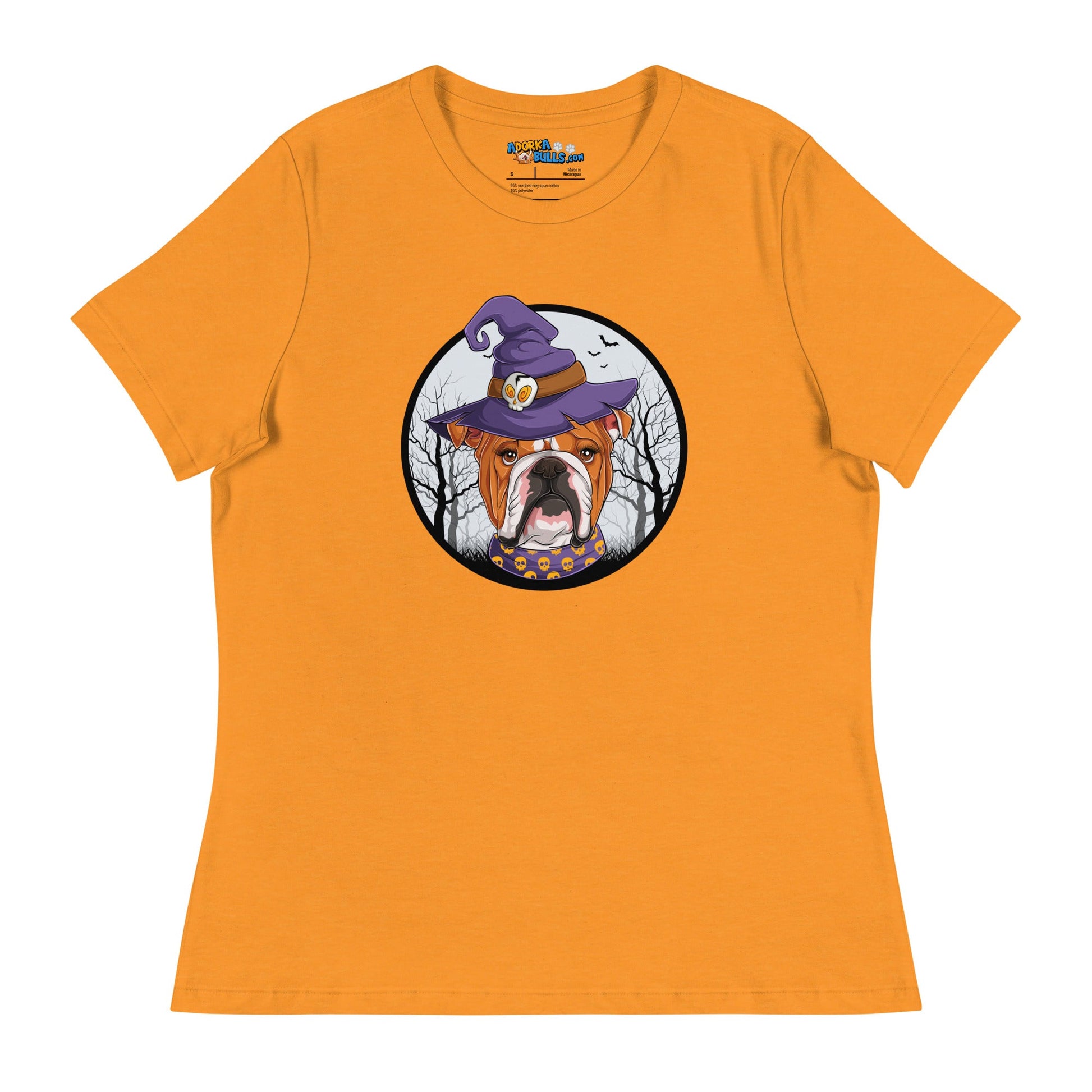 Halloween Bulldog Women's Relaxed Tee | Red & White Colored Female