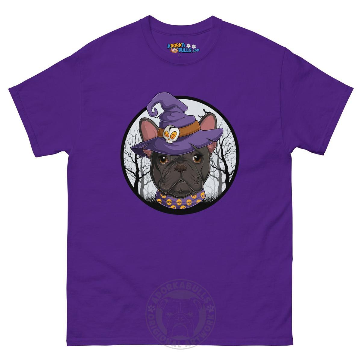 Halloween Witch tee, Female Frenchie Black &amp; White, Purple