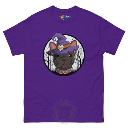 Halloween Witch tee, Female Frenchie Black &amp; White, Purple