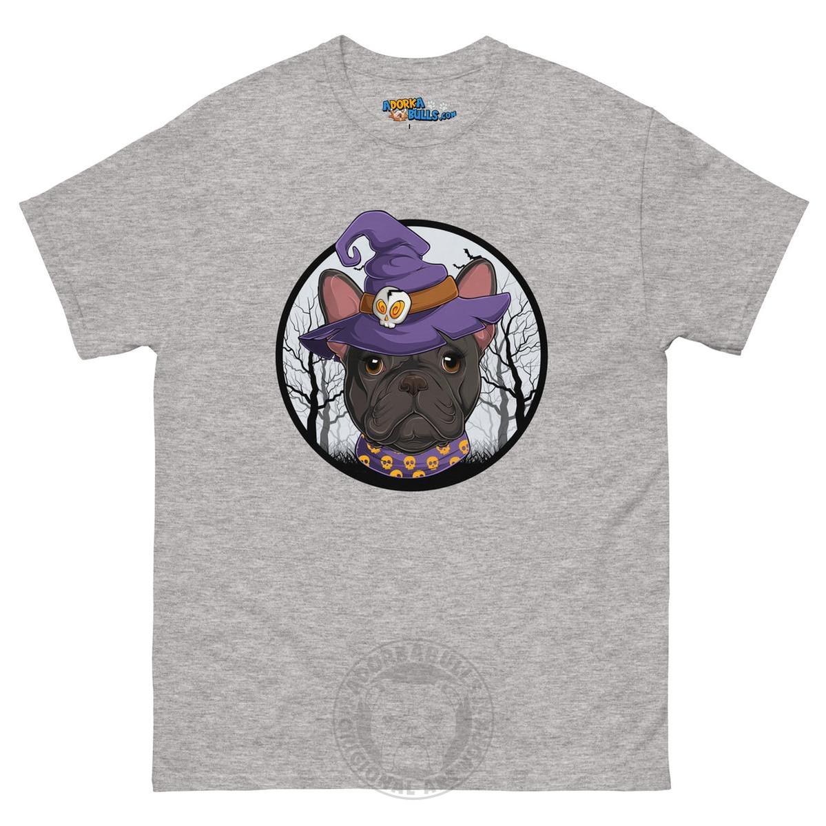 Halloween Witch tee, Female Frenchie Black &amp; White, Sport Grey