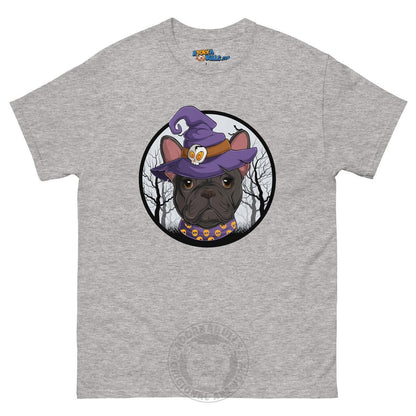 Halloween Witch tee, Female Frenchie Black &amp; White, Sport Grey