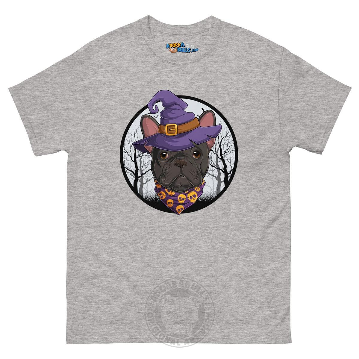Halloween Witch tee, Male Frenchie Black &amp; White, Sport Grey