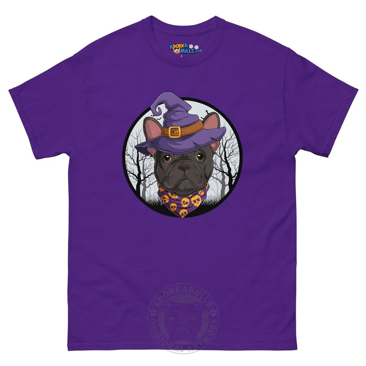 Halloween Witch tee, Male Frenchie Black &amp; White, Purple