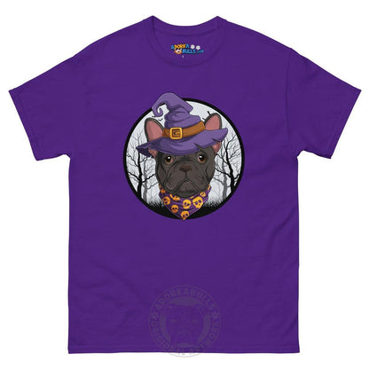 Halloween Witch tee, Male Frenchie Black &amp; White, Purple