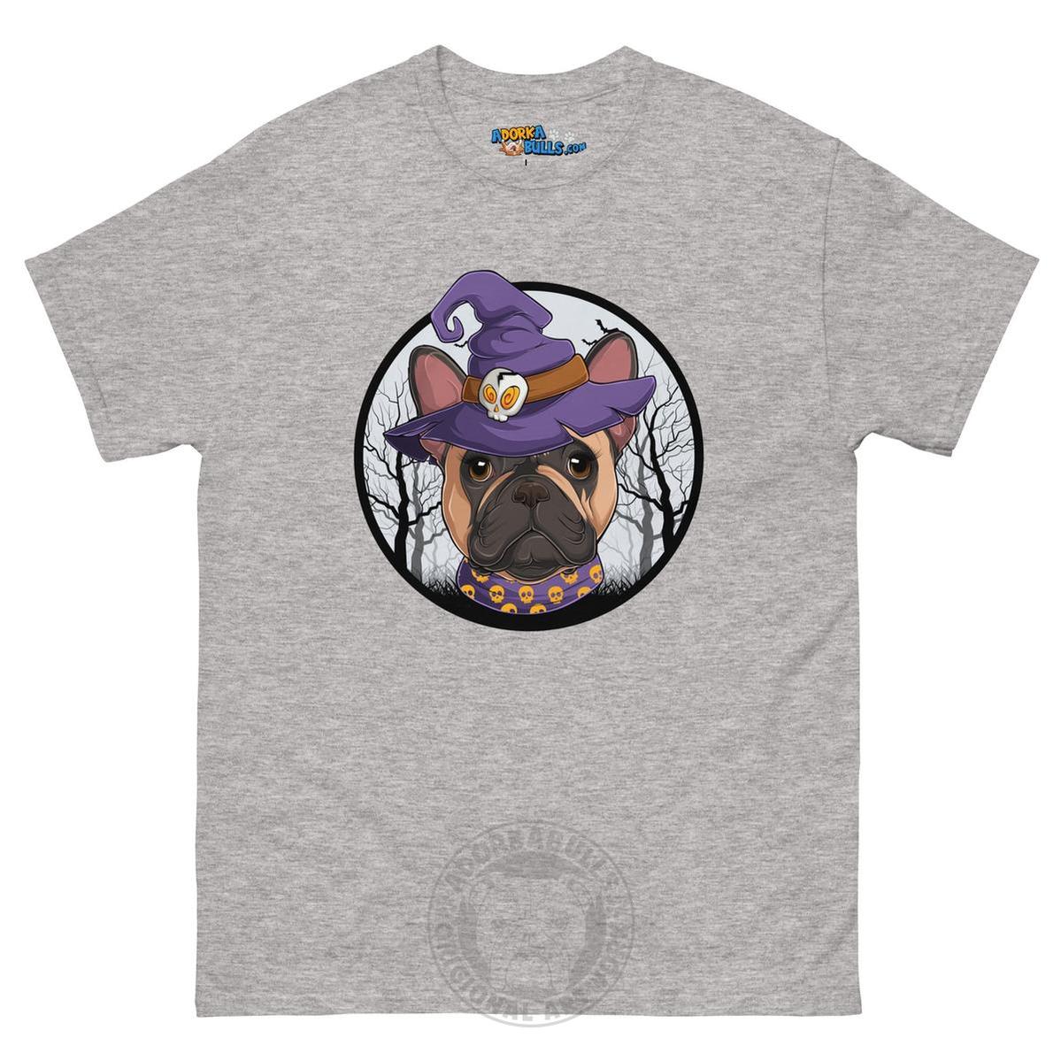 Halloween Witch tee, Female Frenchie Fawn &amp; White, Sport Grey