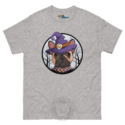 Halloween Witch tee, Female Frenchie Fawn &amp; White, Sport Grey