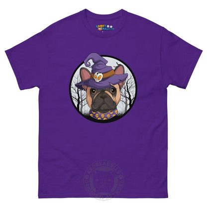 Halloween Witch tee, Female Frenchie Fawn &amp; White, Purple