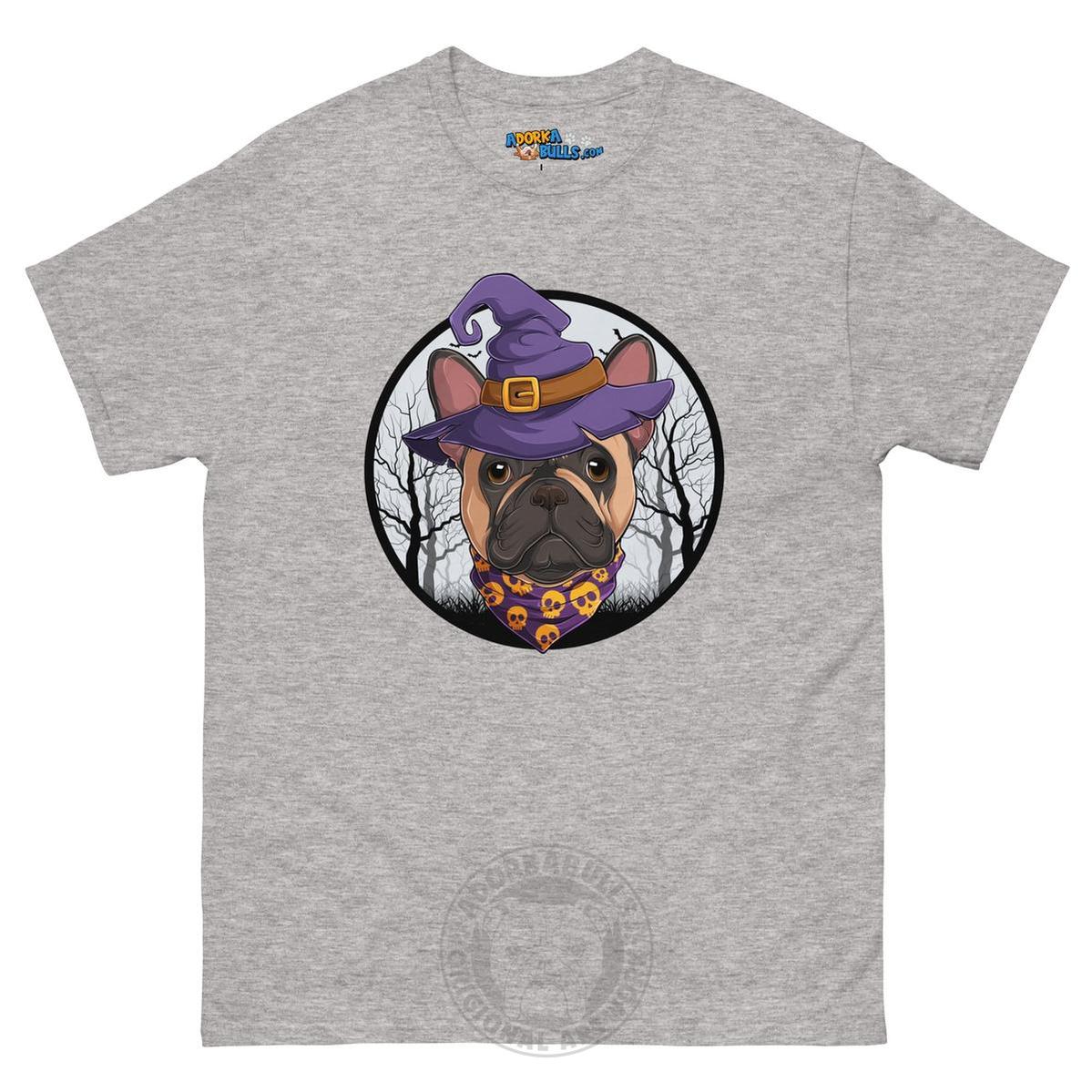 Halloween Witch tee, Male Frenchie Fawn &amp; White, Sport Grey
