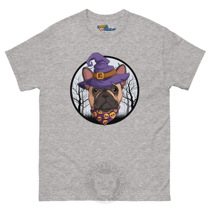 Halloween Witch tee, Male Frenchie Fawn &amp; White, Sport Grey