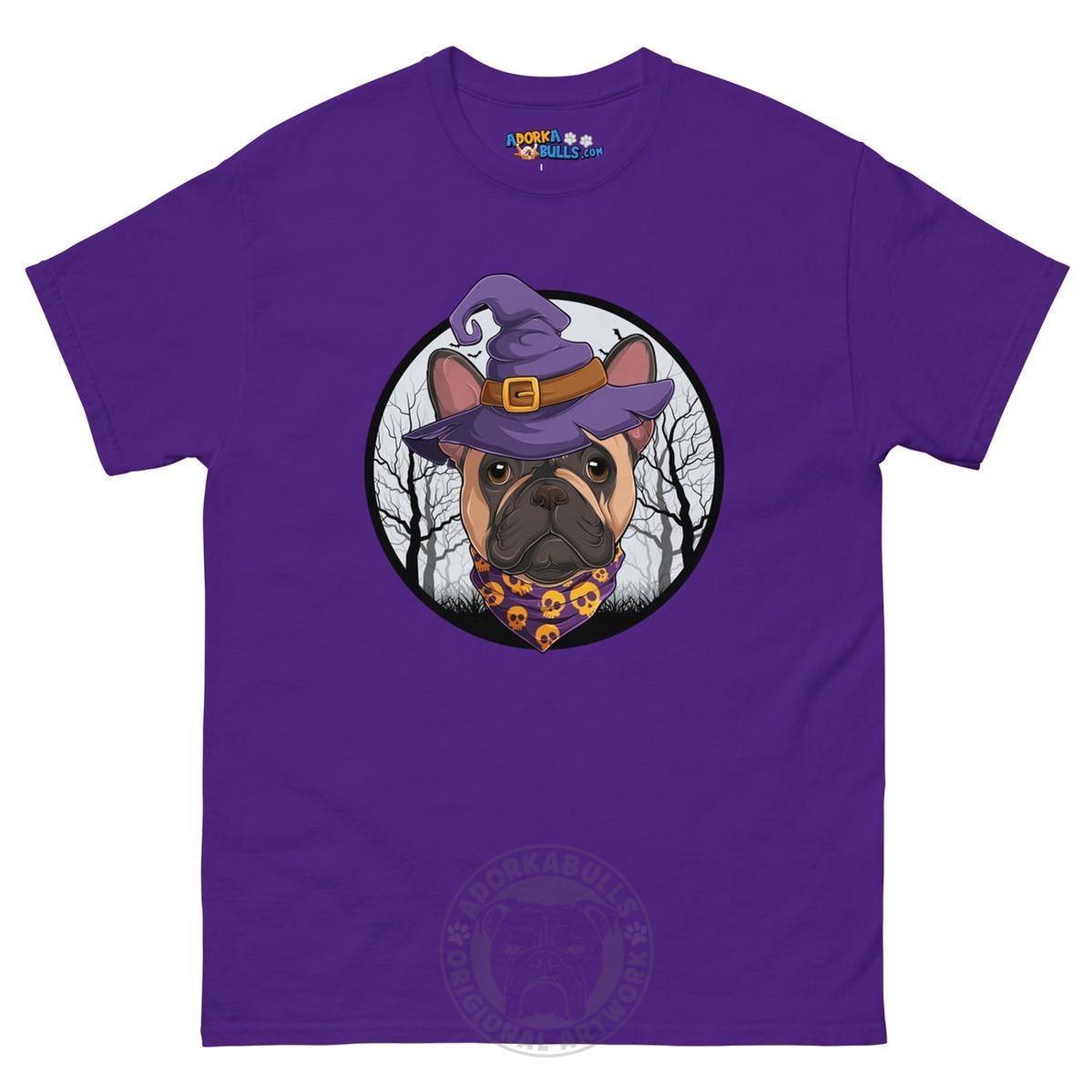 Halloween Witch tee, Male Frenchie Fawn &amp; White, Purple