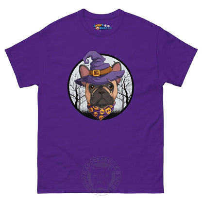 Halloween Witch tee, Male Frenchie Fawn &amp; White, Purple