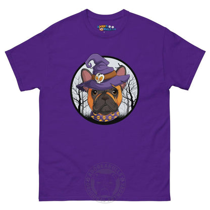 Halloween Witch tee, Female Frenchie Red &amp; White, Purple