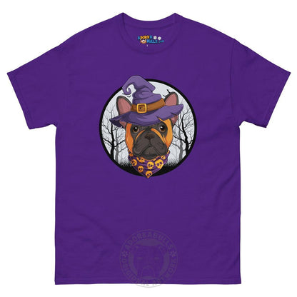Halloween Witch tee, Male Frenchie Red &amp; White, Purple