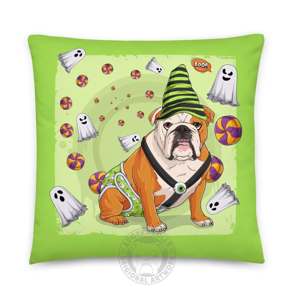 Halloween Ghost Bulldog Throw Pillow | Spina Bifida | English Bulldog · Red &amp; White · Male