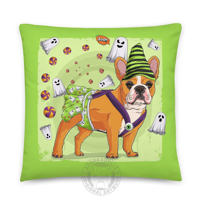 Halloween Ghost Bulldog Throw Pillow | Spina Bifida | Frenchie · Red &amp; White · Female