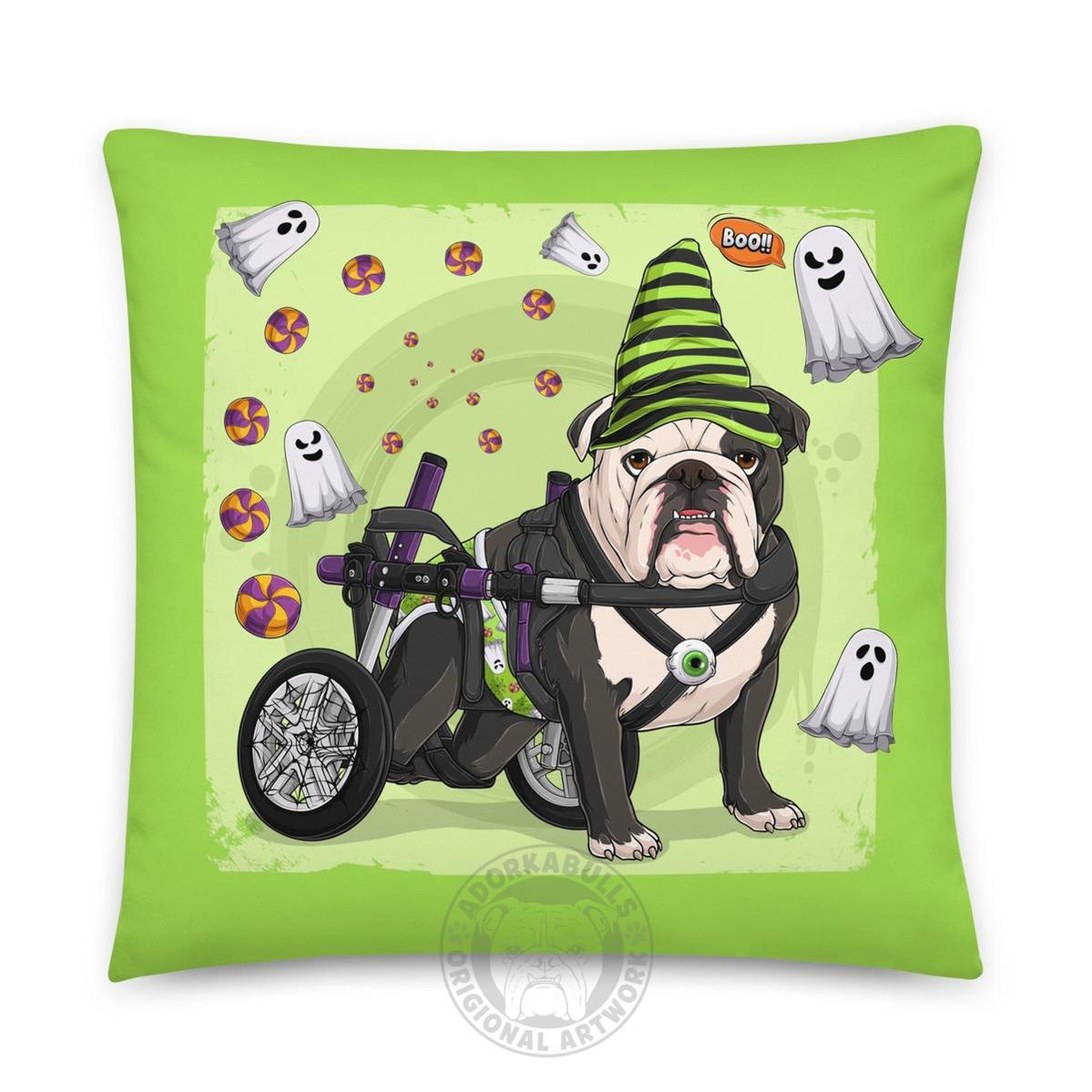Halloween Ghost Bulldog Throw Pillow | Wheelchair | English Bulldog · Black &amp; White · Male